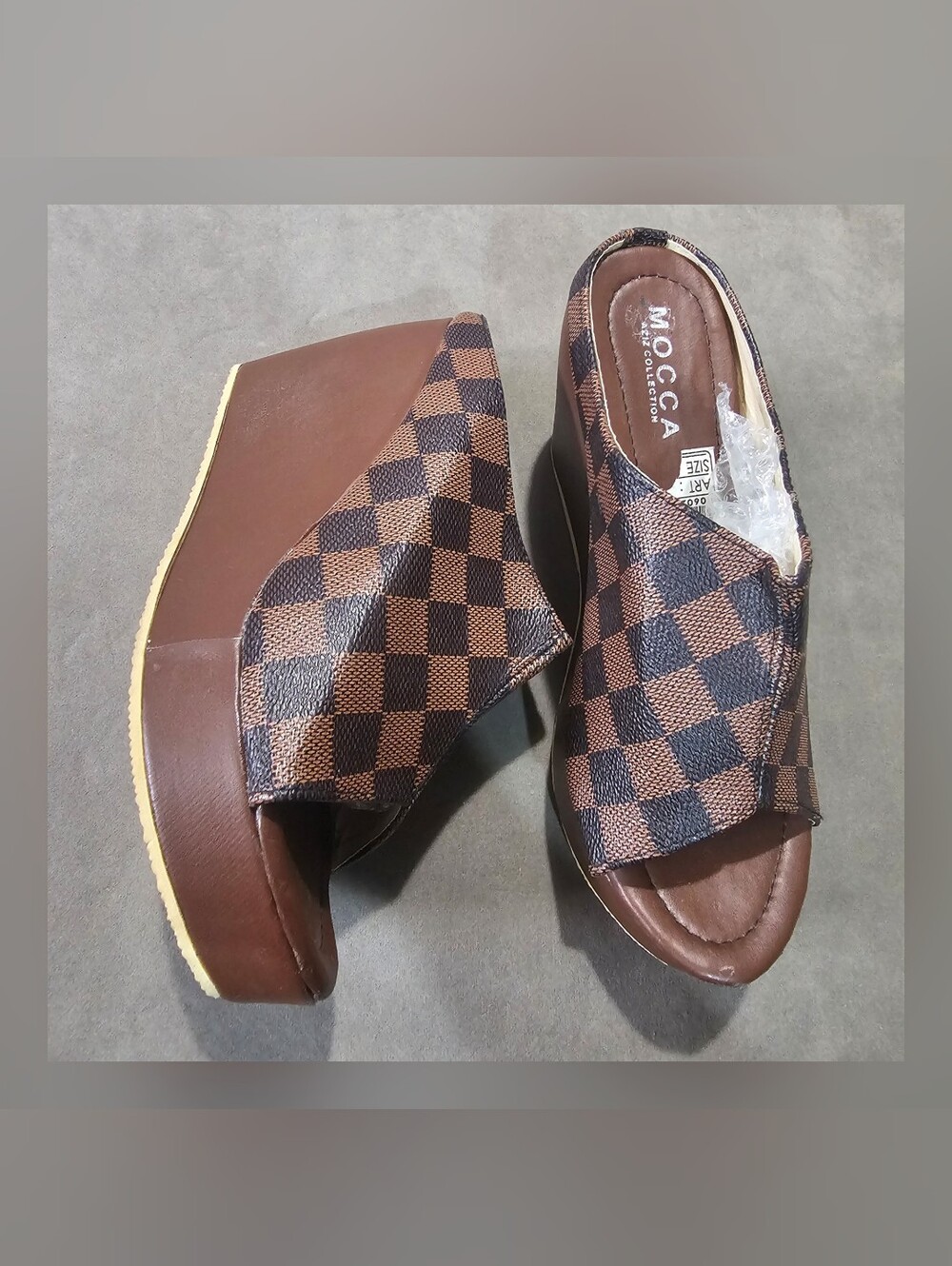 Women’s Brown Checkered Wedge Sandals